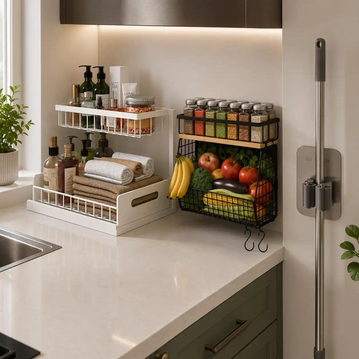 A neatly organized kitchen drawer with wooden dividers