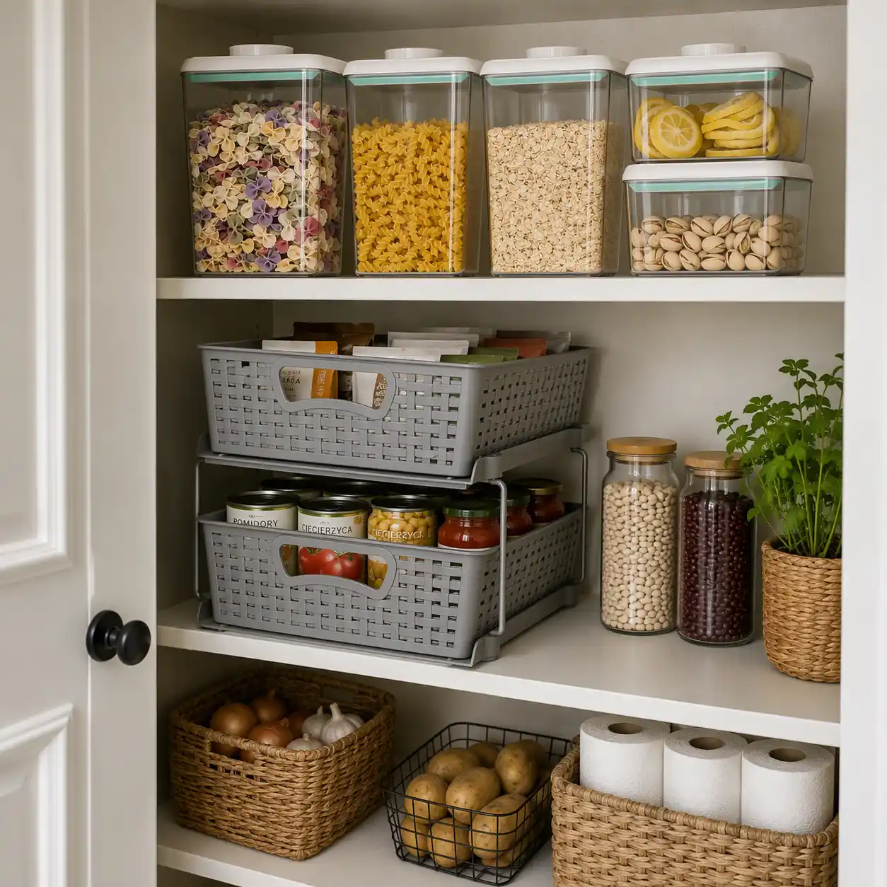 Neat pantry with labeled clear containers
